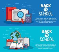 banners of back to school with supplies education icons vector