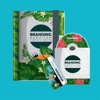 cuaderno tropical de marca con cd y etiqueta vector