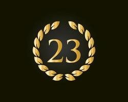 Logotipo de aniversario de 23 años con anillo dorado aislado en fondo negro, para cumpleaños, aniversario y celebración de la empresa vector