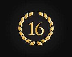 Logotipo de aniversario de 16 años con anillo dorado aislado en fondo negro, para cumpleaños, aniversario y celebración de la empresa vector