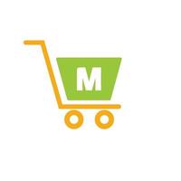 Letter M Trolley Shopping Cart. Initial Online And Shopping Logo Concept Template vector