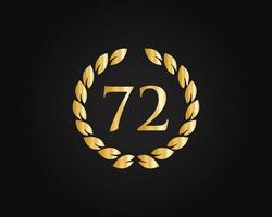 Logotipo del aniversario de 72 años con anillo dorado aislado en fondo negro, para cumpleaños, aniversario y celebración de la empresa vector