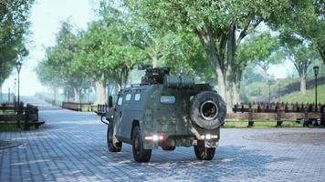 armored military car in big city