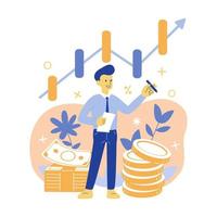 Business man with money and stock market graphic vector illustration