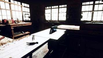 Vintage wild west carpenter shop interior with antique tools photo