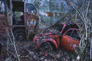 viejos autos abandonados tirados en el bosque en algún lugar de bélgica.