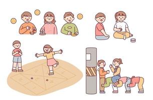 Korean chidhood game. Dalgona, Hopscotch, Five Stone Game, Piling Game. vector