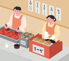 postre coreano. una tienda que vende tteokbokki y taiyaki. traducción coreana tteokbokki y taiyaki y nombres de menú de comida. vector