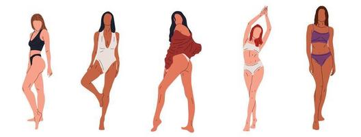 Set of five Young beautiful slim woman in underwear in full growth posing isolated background. Vector