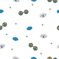 Seamless retro groovy pattern. Groovy power. Eyes, clouds, power glasses. Naive vector design. Style of the 60s, 70s, 80s.