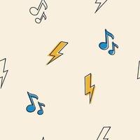 Seamless retro groovy pattern. Groovy power. Cartoon naive vector design with music notes and lightning. Style of the 60s, 70s, 80s.