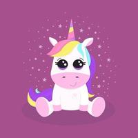 Cute smiling unicorn with big eyes sitting down with stars around vector