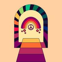 Backdrop, Icon, sticker in hippie style with gate, rainbow path with Rainbow, peace sign and flowers. vector