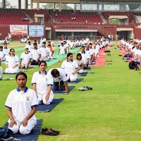 New Delhi, India, June 21 2022 - Group Yoga exercise session for people at Yamuna Sports Complex in Delhi on International Yoga Day, Big group of adults attending yoga class in cricket stadium photo