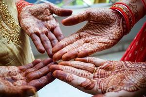 Beautiful woman dressed up as Indian tradition with henna mehndi design on her both hands to celebrate big festival of Karwa Chauth, Karwa Chauth celebrations by Indian woman for her husband photo