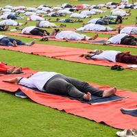 New Delhi, India, June 21 2022 - Group Yoga exercise session for people at Yamuna Sports Complex in Delhi on International Yoga Day, Big group of adults attending yoga class in cricket stadium photo