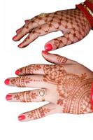 Beautiful woman dressed up as Indian tradition with henna mehndi design on her both hands to celebrate big festival of Karwa Chauth with plain white background photo
