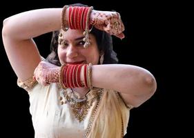 Beautiful woman dressed up as Indian tradition with henna mehndi design on her both hands to celebrate big festival of Karwa Chauth with plain white background photo