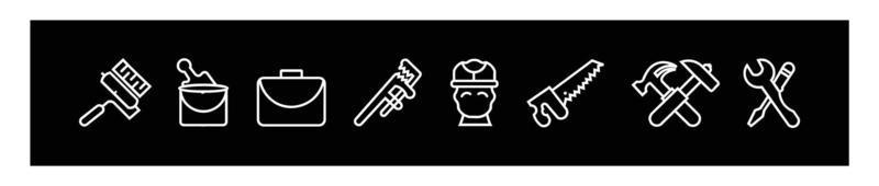 builder tools Construction site workflow and management  design icons,Machinery and building equipment outline line logo for design on black background. vector