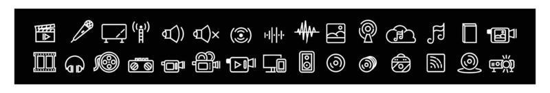 archivos de audio conjunto de iconos de línea de sonido sólido, colección de símbolos de música y equipos musicales para el diseño sobre fondo negro. vector