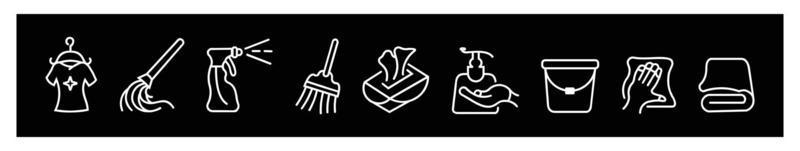 Vector set of Medical cleaning and Washing hands line icons set Cleaning liquids, Use gloves and Wash hands icons for design on black background.