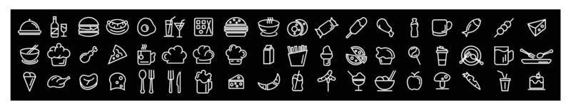 conjunto de iconos de vector de línea de comida rápida, bebida y comestibles, productos alimenticios.formulario sobre fondo negro