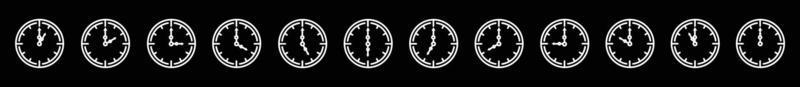 iconos de línea de reloj de tiempo alarma y reloj inteligente iconos de reloj de 24 horas para el diseño sobre fondo negro. vector