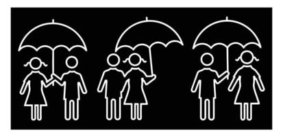 hombre y mujer con conjunto de iconos de paraguas, hombre y mujer bajo la lluvia en diferentes poses iconos para el diseño sobre fondo negro. vector