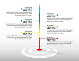 Colours line hit to dartboard with sample infographic. target timeline. Business success data chart, investment goal, marketing challenge, strategy presentation, achievement diagram. vector template.