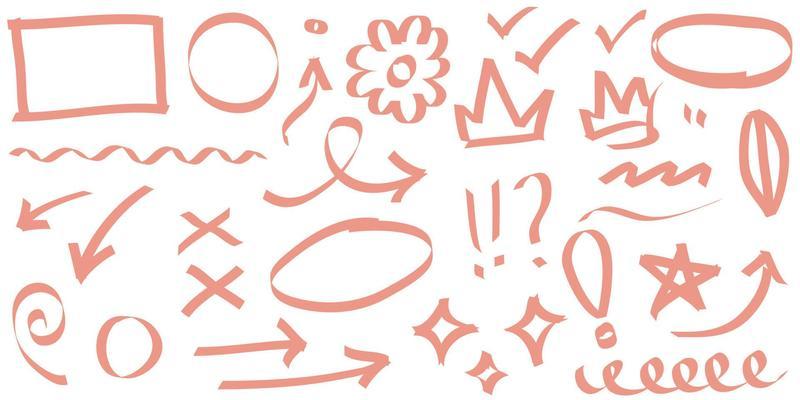 Highlighter marks, stripes, strokes, frames, speech bubbles, crosses, ticks and arrows set. Elements drawn with colored marker