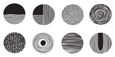 Modern abstract set black round shapes with lines, circles, drops on white background. Vector hand drawn illustration