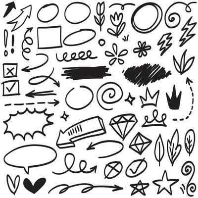 Abstract arrows, ribbons, fireworks, hearts, lightning,love , leaf, stars, cone, crowns and other elements in a hand drawn style for concept designs. Scribble illustration.