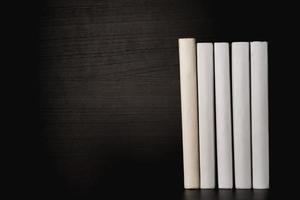 A row of white blank books on a shelf on a black background, free space for copying, without labels, an empty spine. photo