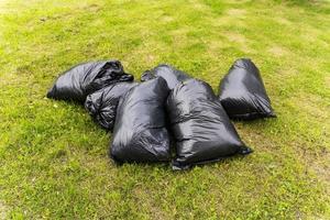 Black filled plastic bags with mown grass on the lawn, spring or autumn cleaning of the city from foliage, garbage photo