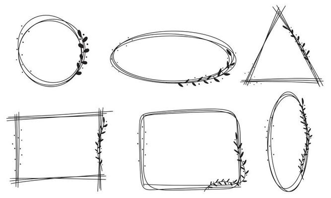 Set abstract frame with leaves. Hand draw doodle frame with botanic. Vector illustration.