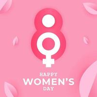 Afiche del día de la mujer feliz con decoración de hojas rosas. signo de mujer. 8 de marzo. vector