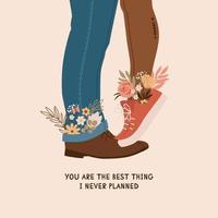 Valentines Day couple in love in the card design. Romantic February 14 congratulations. Cute vector illustration of man and woman legs, flowers. Romantic phrase about relationship. You and me.