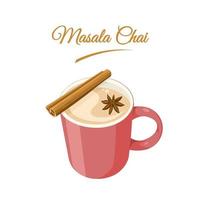 Vector illustration, Masala chai, Indian drink, Black tea with milk and spices. isolated on white background.