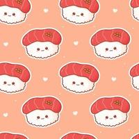 Kawaii seamless pattern with sushi with happy face. Cute print asian food in cartoon style for phone case, backgrounds, fashion, wrapping paper and textile. Vector Illustration