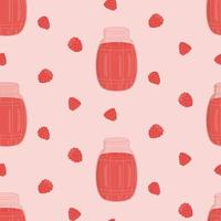 Seamless pattern with raspberries and jam jar. Vector pattern in flat.