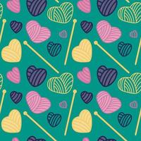 Seamless pattern with heart-shaped balls and knitting needles. Knitting, hobby. Vector pattern in flat.