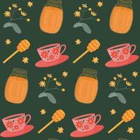 Seamless pattern with a cup, a jar of honey, a sprig of lime. Vector pattern in a flat view.
