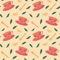 Seamless pattern with cup, spoon and tea leaves. Vector pattern in a flat view.