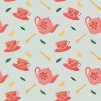 Seamless pattern with teapot, cup, spoon, tea leaves and lemon. Vector pattern in a flat view.