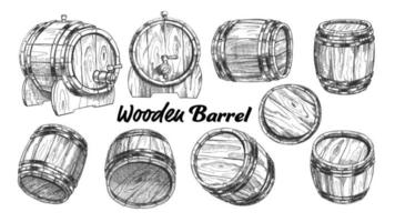 Vintage Wooden Barrel In Different Side Set Vector