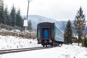 Old steam train in the snow in winter photo