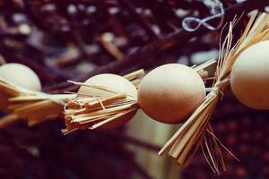 Handmade easter eggs on an embroidered tablecloth 123550249 photo