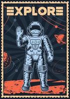Colour space poster in vintage style with illustration of an astronaut on the moon. vector