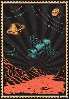 Vintage space poster with satellite on Mars planet.