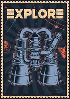 afiche de temática espacial vintage con una ilustración de motor de cohete. vector